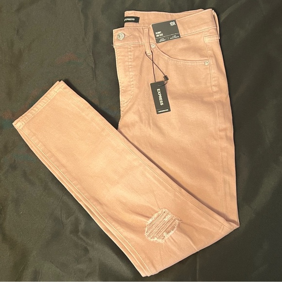 EXPRESS Skinny Mid-Rise Distressed Jeans - Blush Pink - Picture 2 of 5